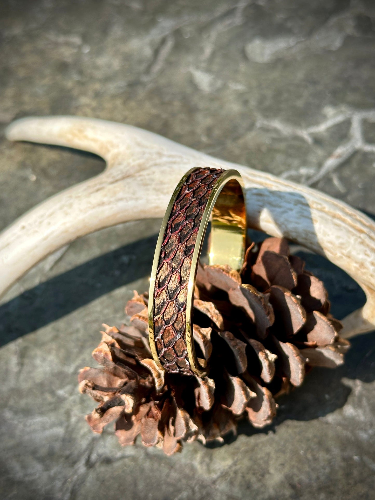 Bridger Leather Cuff Bracelet Bronze with Metallic Red Salmon 24K Gold Plated Cuff Bracelets