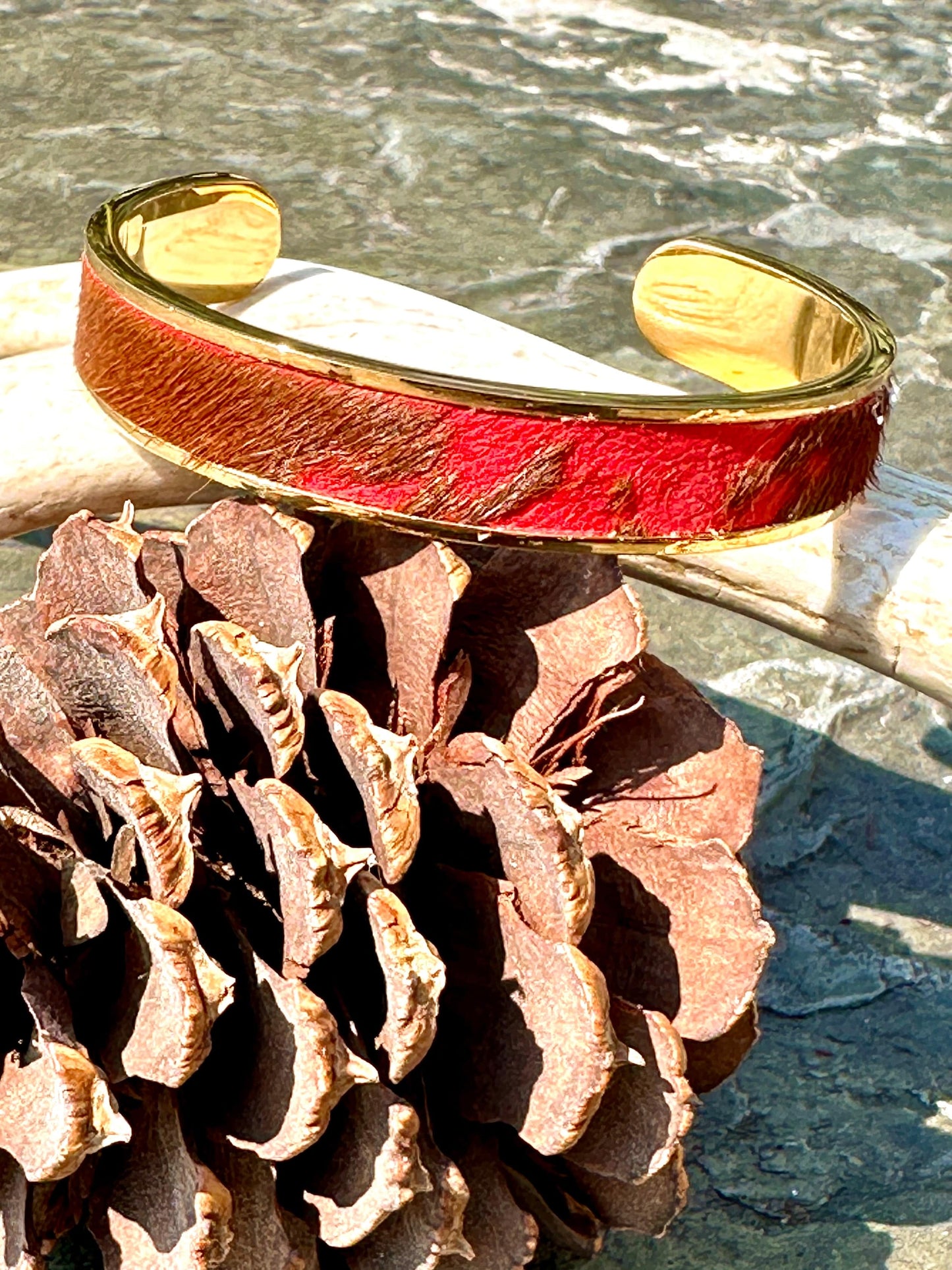 Bridger Leather Cuff Bracelet Red & Brown Hair Hide 24K Gold Plated Cuff Bracelets