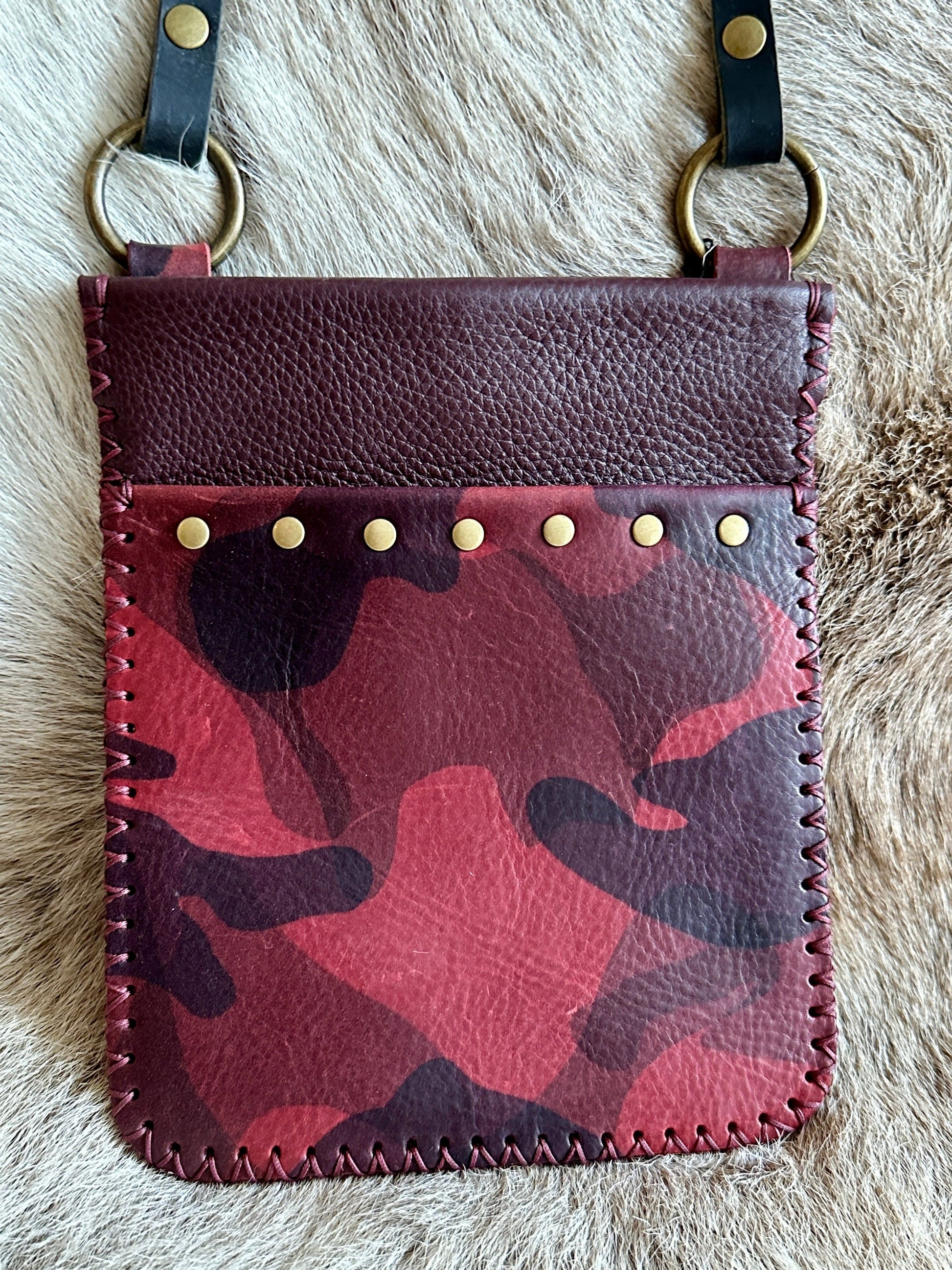 Bridger Leather Crossbody Bag Bison in Burgundy with Italian leather Camo Pocket and Ant. Brass hardware Cathay Bag