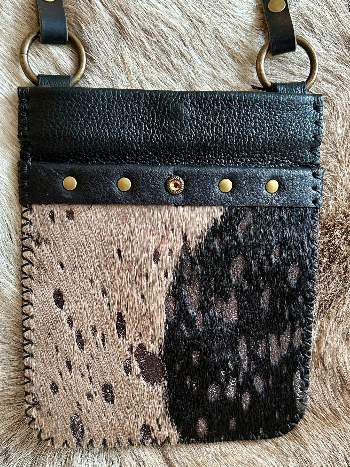 Bridger Leather Crossbody Bag Black with Cow hair pocket Swarovski Crystal spot and Ant. Brass hardware Cathay Bag