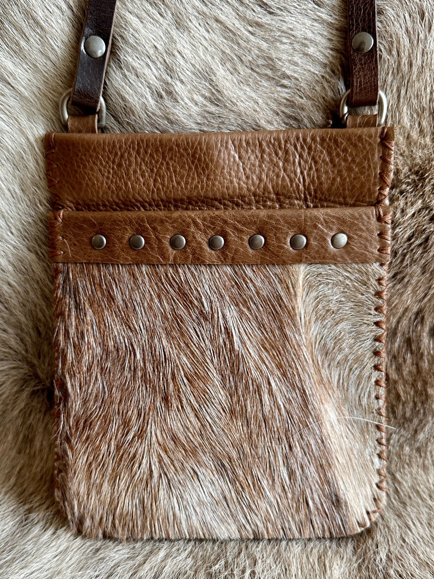 Bridger Leather Crossbody Bag Cappuccino Brown with Goat hair pocket with Matte Nickel hardware Cathay Bag