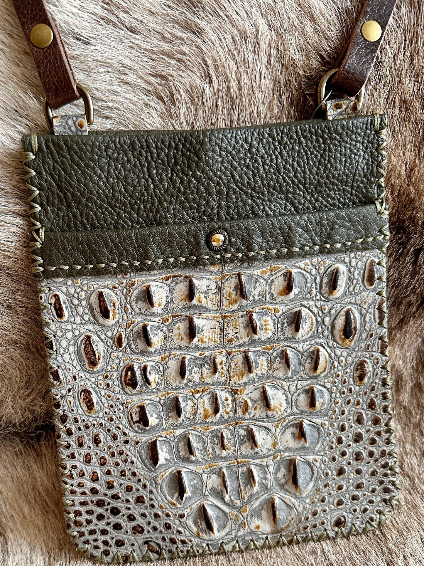 Bridger Leather Crossbody Bag Olive Green with Swarovski Crystal spot Croc Embossed pocket & Ant. Brass Hardware Cathay Bag