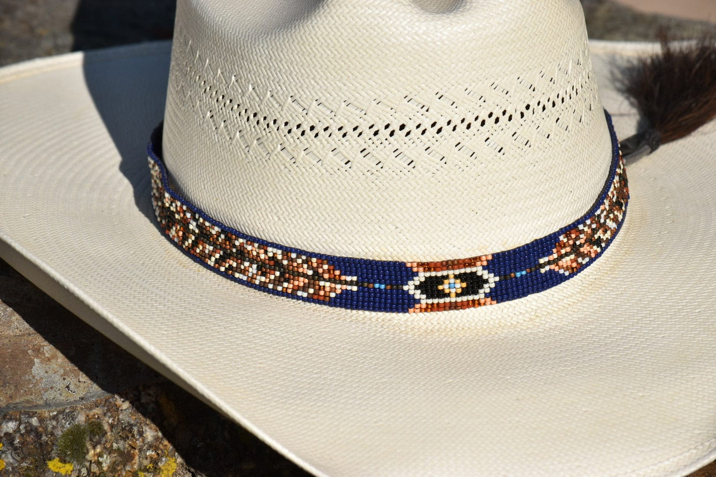 Bridger Leather Navy Blue Background Feather Hatband 🪶