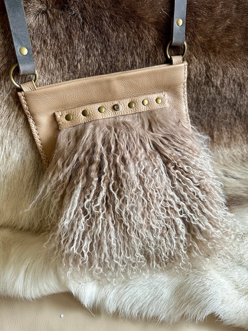 Bridger Leather Crossbody Bag Little Fawn with Tibetan Lamb Fur