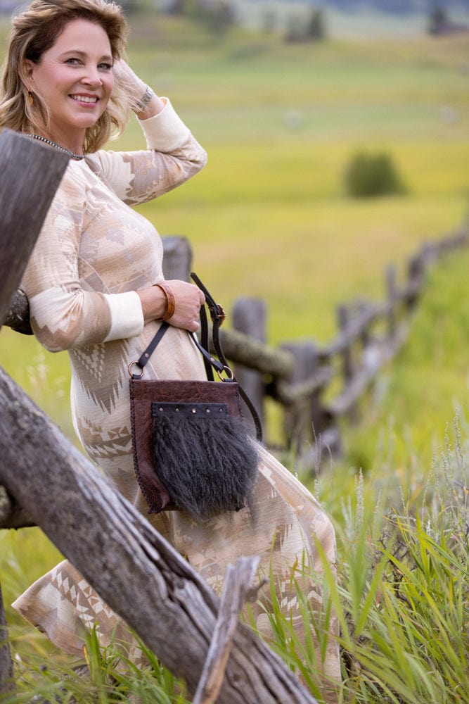 Bridger Leather Crossbody Bag Little Fawn with Tibetan Lamb Fur