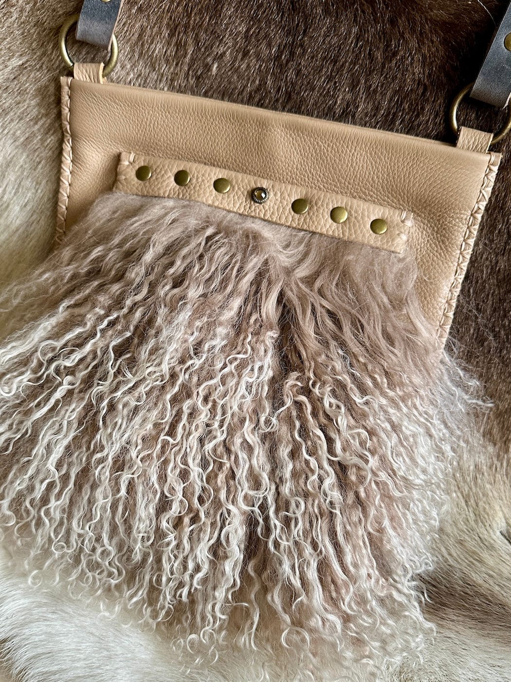 Bridger Leather Crossbody Bag Tan Little Fawn with Tibetan Lamb Fur