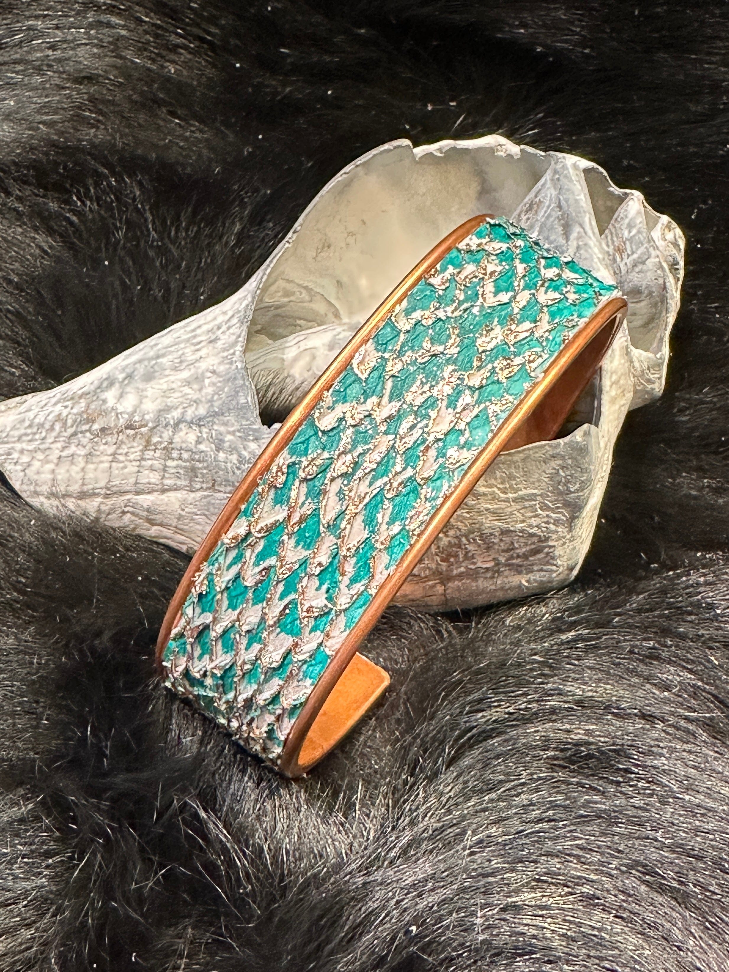 Bridger Leather Cuff Bracelet 3/4" wide / Turquoise salmon leather with copper leaf / Matte Copper Salmon Fish Leather Cuff Bracelets - Assorted sizes