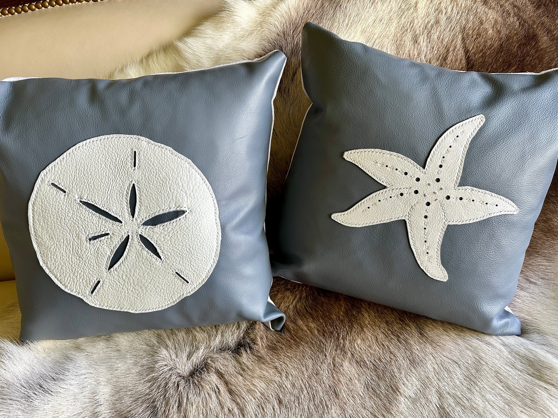 Bridger Leather Pillow Buy the Pair "Spirit of the Sea" Coastal Themed Leather Pillows