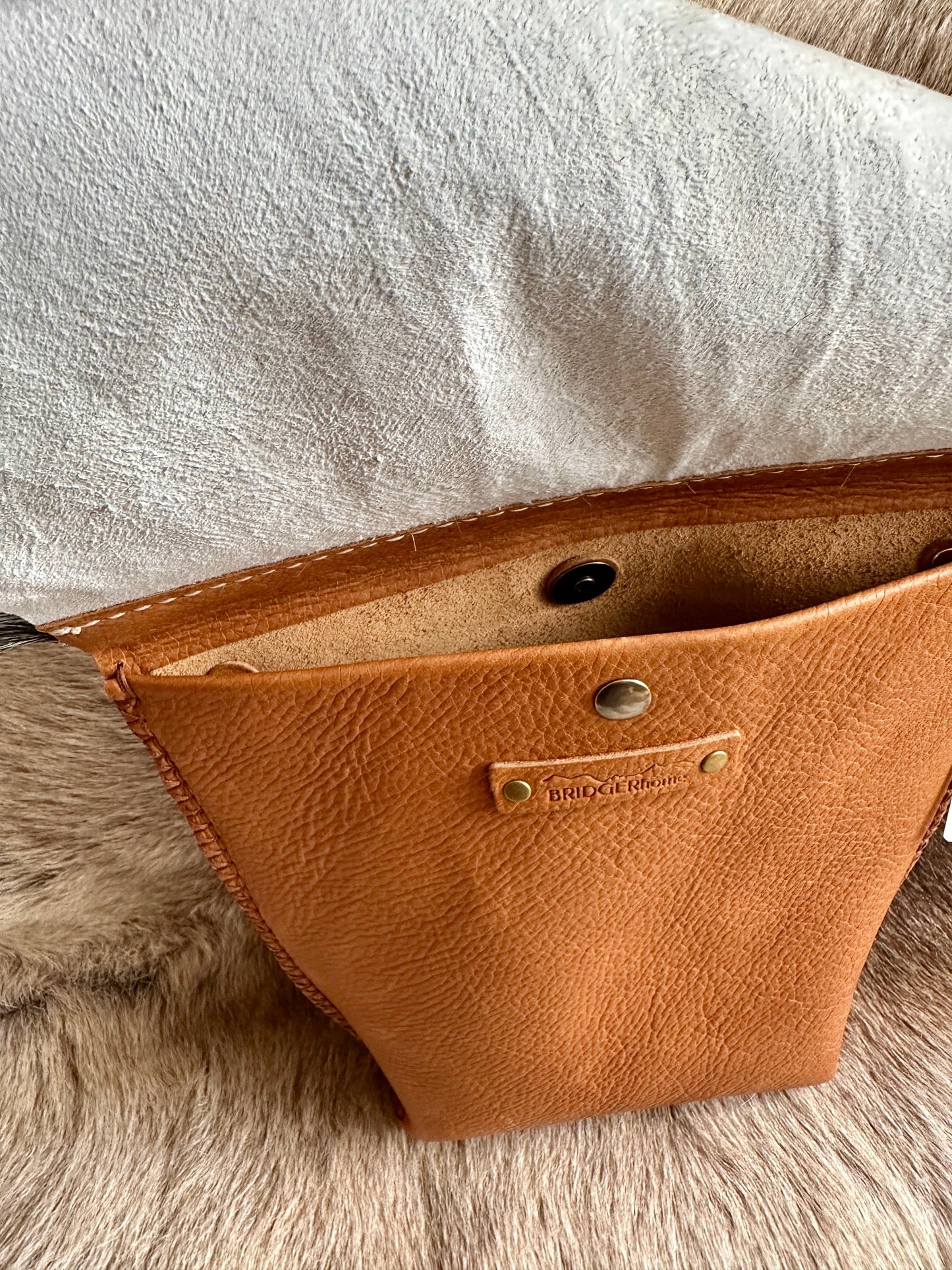 Bridger Leather Crossbody Bag The Little Fawn with Goat Hair Flap